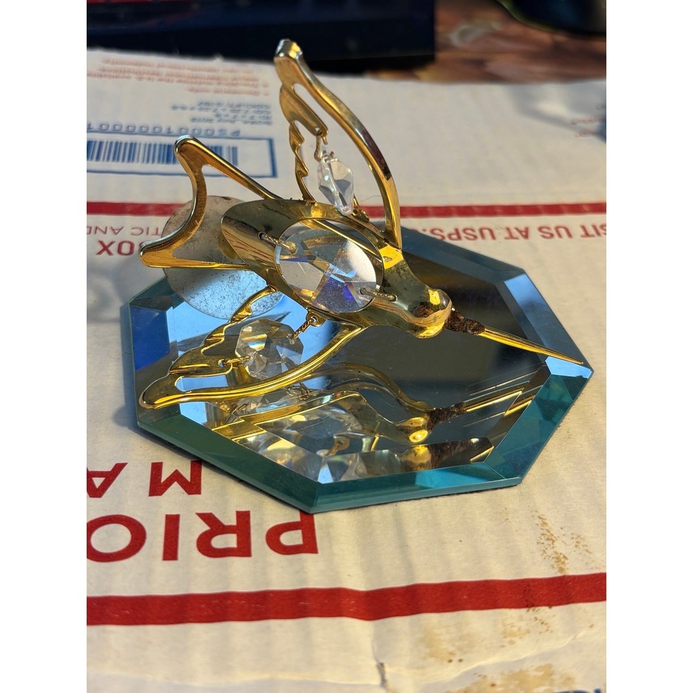 Vintage Gold Tone Metal Hummingbird Figurine w/Crystal Accents Glass Base